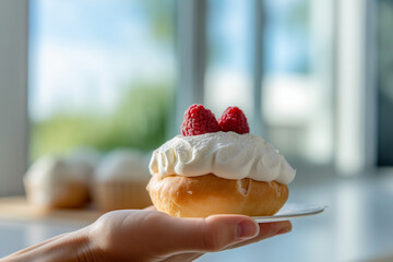 A hand holds a plate with a Swedish selma bun with whipped cream and raspberries - obrazy, fototapety, plakaty