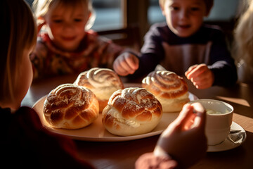 Children at the table with Swedish semla buns with whipped cream - obrazy, fototapety, plakaty