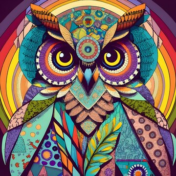 A big owl in patchwork art style, divided in differents seccions with diferents styles of patchwork.
