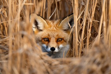 A red fox hiding in the tall grass