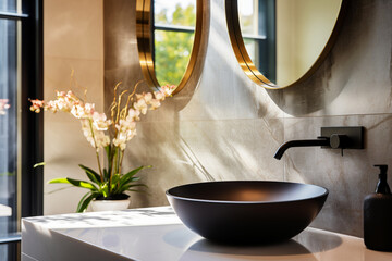 Close-up of Stone vessel sink with mirror in a modern bathroom, art deco style, natural luxury...