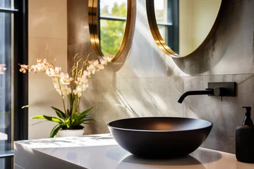Deurstickers Close-up of Stone vessel sink with mirror in a modern bathroom, art deco style, natural luxury decoration © colnihko