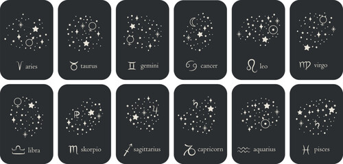Cards with zodiac signs. Vector printable postcards design with constellations. Set of illustrations.