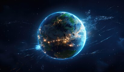 Sphere of nightly Earth planet in outer space. City lights on planet. Life of people. Solar system element.