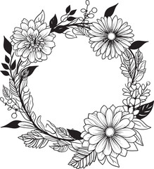 Chic Floral Union Black Vector Emblem Design Clean Petal Wreath Hand Drawn Wedding Iconic