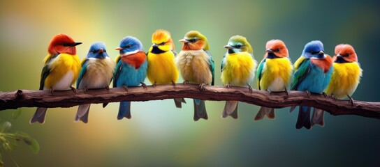 A group of colorful birds sitting on a branch - Powered by Adobe