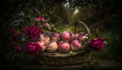 Obraz na płótnie Canvas Freshly picked pomegranates in a stray basket arranged beautifully with a defocused background. An organic shot - AI Generative