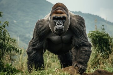 Naklejka premium A large gorilla standing on top of a lush green field