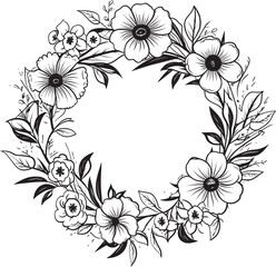 Clean Petal Wreath Black Hand Drawn Iconic Logo Whimsical Floral Arrangement Vector Wedding Emblem