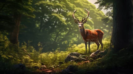 Poster A deer standing in the middle of a forest © pham