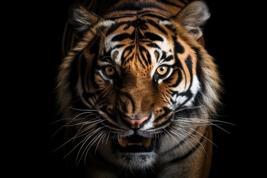 A close up of a tiger on a black background