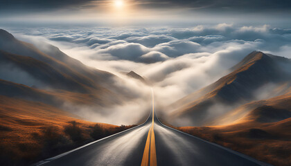 A highway lost in the clouds that have settled on the earth. - Generative AI