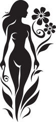 Graceful Full Body Florals Black Emblem Design Chic Floral Harmony Woman Vector Profile