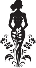 Chic Petal Harmony Black Vector Woman in Floral Design Floral Infused Beauty Hand Drawn Full Body Woman Icon
