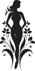 Floral Infused Beauty Hand Drawn Full Body Woman Icon Whimsical Floral Grace Vector Woman Emblem in Black