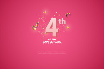 Fourth, 4th Anniversary celebration, 4 Anniversary celebration in Pink BG, stars, glitters and ribbons, festive illustration, white number 4 sparkling confetti, 4,5 