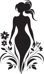Elegant Botanical Ensemble Vector Woman in Full Floral Bloom Graceful Full Body Florals Black Emblem Design with Woman