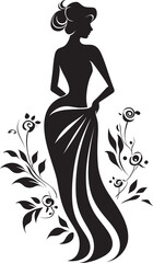 Graceful Full Body Florals Black Emblem Design with Woman Chic Floral Harmony Woman Vector Profile with Blossoms