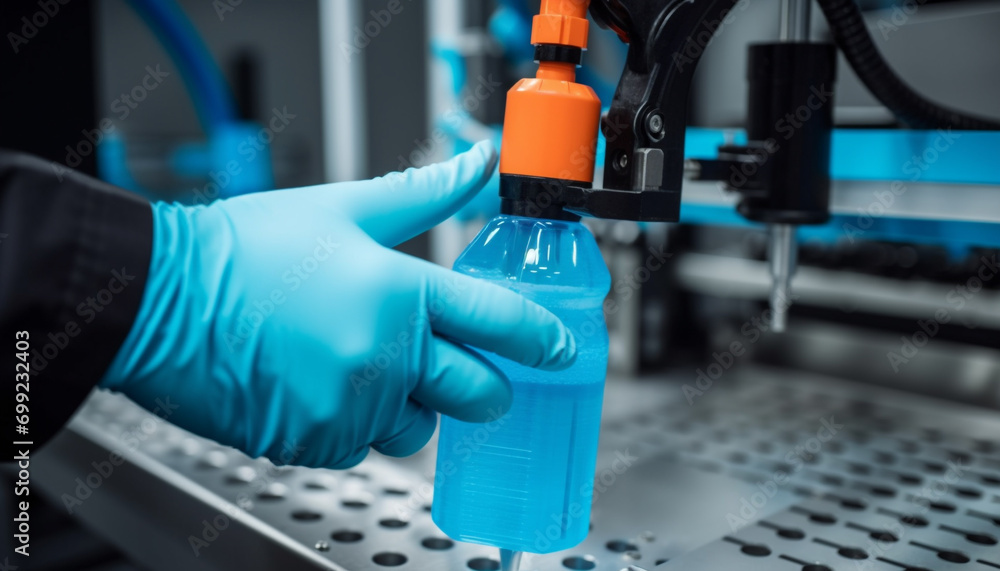 Poster scientist analyzing liquid in laboratory using automated machinery and microscope generated by ai