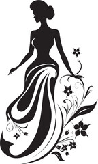 Graceful Bloom Ensemble Artistic Full Body Logo Chic Petal Adornments Black Vector Woman Design