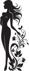 Floral Clad Beauty Hand Drawn Full Body Icon Whimsical Floral Grace Vector Woman Emblem