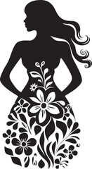Modern Floral Silhouette Black Full Body Icon Artistic Blossom Ensemble Elegant Vector Woman