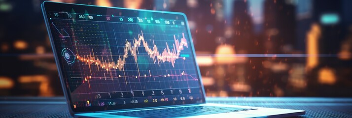 laptop on an office desk, displaying detailed analytics and blockchain graphs on its screen. Dive into the world of data analysis and blockchain technology with these captivating images.