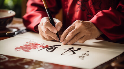Traditional Chinese Calligraphy by Artist in Red Robe