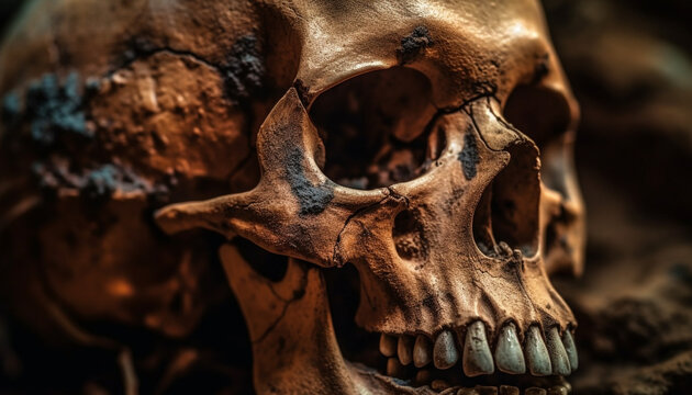 Spooky Halloween Death ancient skull terrifies with grim, dirty, rotting evil generated by AI