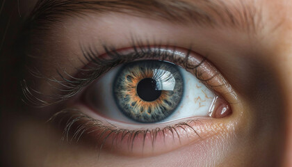 Obraz premium Close up of a caucasian woman blue eye, staring into camera generated by AI