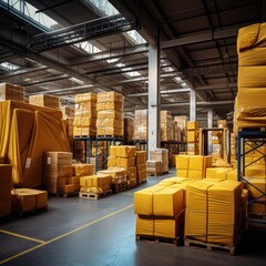  shipping boxes on belt conveyor belt in warehouse