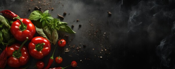 food background. red chili peppers, cherry tomato, basil, black pepper on dark background. top view