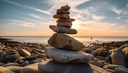 Fototapeta na wymiar Stacked rocks on the tranquil coastline symbolize harmony and stability generated by AI