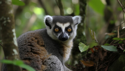 Obraz premium Cute lemur sitting on branch, staring with curious animal eyes generated by AI