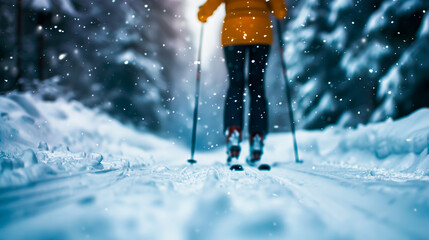 Cross country skier on a trail through a forest in a crisp winter wonderland at sunset. Shallow field of view. - obrazy, fototapety, plakaty