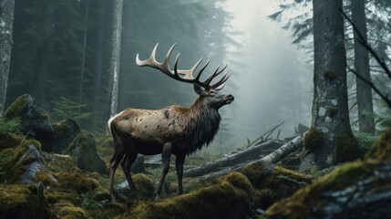 Big male Bull moose in deep forest