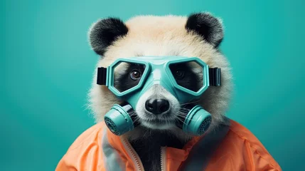 Poster panda bear. pandas on a birch background. panda in a gas mask © Drew