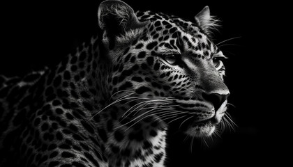 Obraz premium Majestic big cat, endangered, staring, black and white, wilderness hunter generated by AI