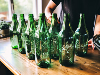 Individual creatively repurposes glass bottles, transforming them into unique, artistic accents for home decor.