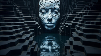 Frauengesicht zwischen 3D-Struktur spiegelt sich im Wasser. Konzept: Selbsterkenntnis und Narzissmus  Künstlerisch, düster. Surreale Illustration