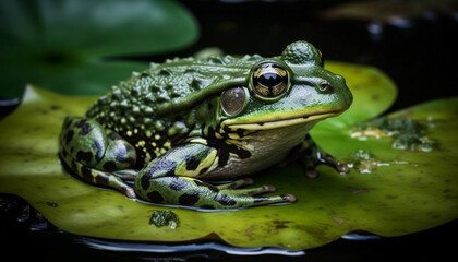 A cute green toad sitting on a wet leaf, looking generated by AI