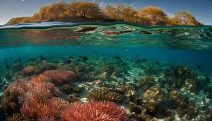 Fototapeta na wymiar Underwater reef, fish swim in blue water, coral landscape generated by AI