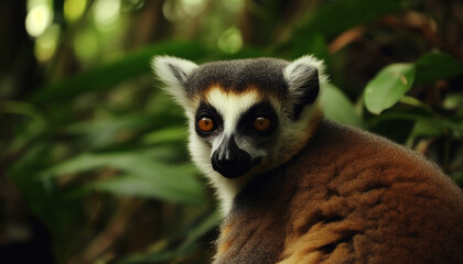 Cute lemur sitting on a branch, staring with alertness at camera generated by AI