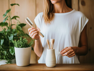 Individual utilizing an eco-friendly toothbrush alongside other sustainable bathroom products for environmental health. - obrazy, fototapety, plakaty