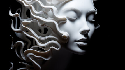 Weißes Frauengesicht mit weißen abstrakten Wellen vor schwarzem Hintergrund. Konzept: Reinheit der Gedanken. Surreale Illustration.  - obrazy, fototapety, plakaty