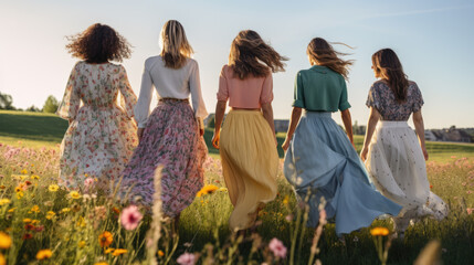 Group of Women Embracing in a Flowering Meadow
