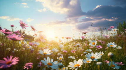 Fototapeta premium Field of daisies with a golden sunrise in the background