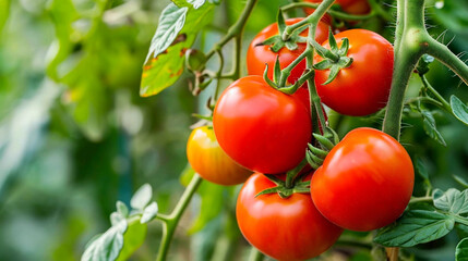  Ripe tomato plants growing in tomato farm field,selective focus. Organic Farming Concept.Organic and Non-GMO Field Crop Concepts. - obrazy, fototapety, plakaty