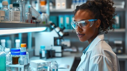 African female scientist, catalyst for innovation, breaking barriers with intellect and grace in academic research laboratory. - obrazy, fototapety, plakaty