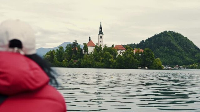 Church of the Assumption of Mary in the center of the lake Bled. small island on Bled Lake in Slovenia